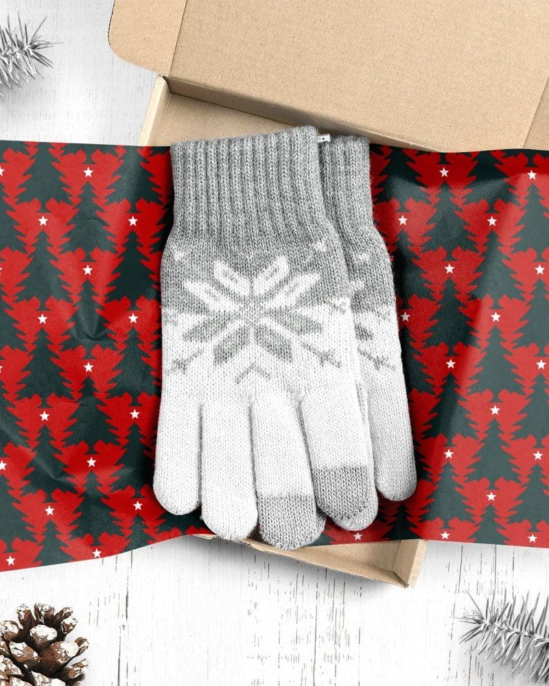 Pair of gray and white knit gloves with snowflake pattern in a gift box.