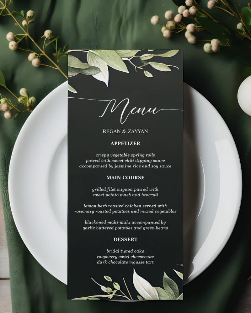 Dark Green Modern Greenery Leaves Wedding Menu