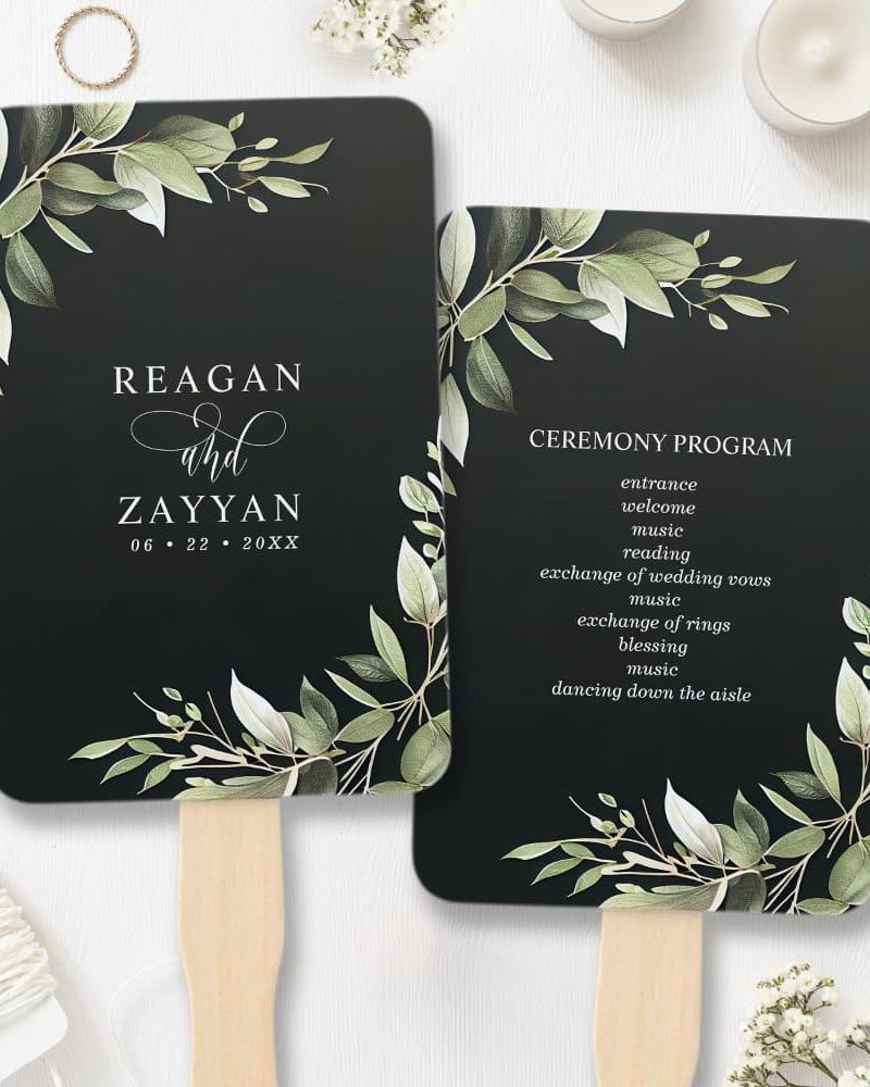 Dark Green Modern Greenery Leaves Wedding Program Hand Fan