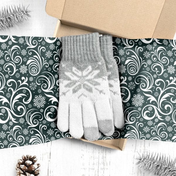 Pair Of Grey And White Knit Gloves With Snowflake Pattern In A Gift Box.