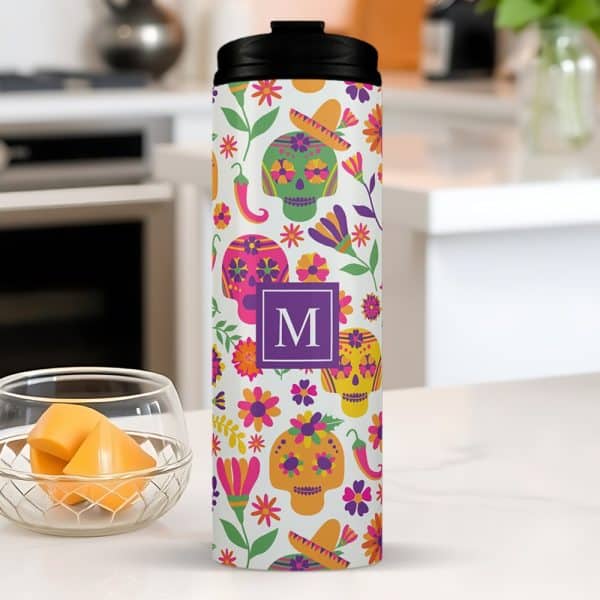 Personalized Travel Tumbler With A Day Of The Dead Sugar Skull Design.