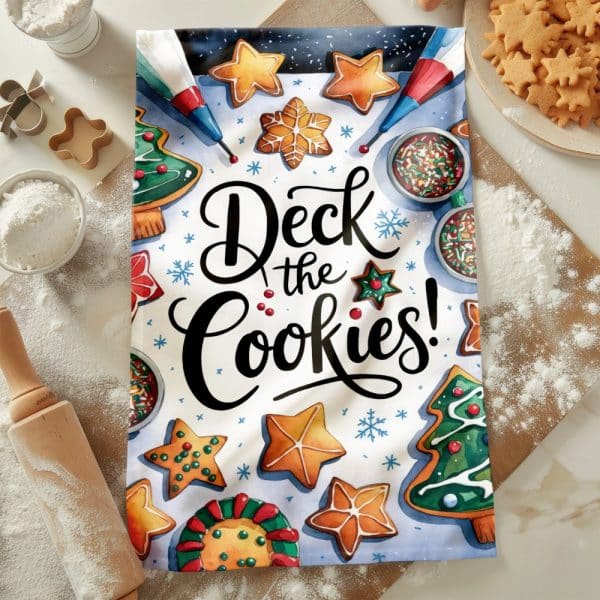 Christmas-Themed Kitchen Towel With Illustrated Cookies And The Text Deck The Cookies.