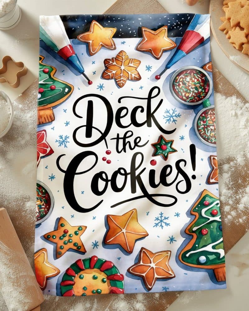 Christmas-themed kitchen towel with illustrated cookies and the text Deck the Cookies.