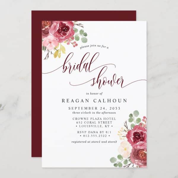 Bridal Shower Invitation With Burgundy And Blush Floral Corner Design.