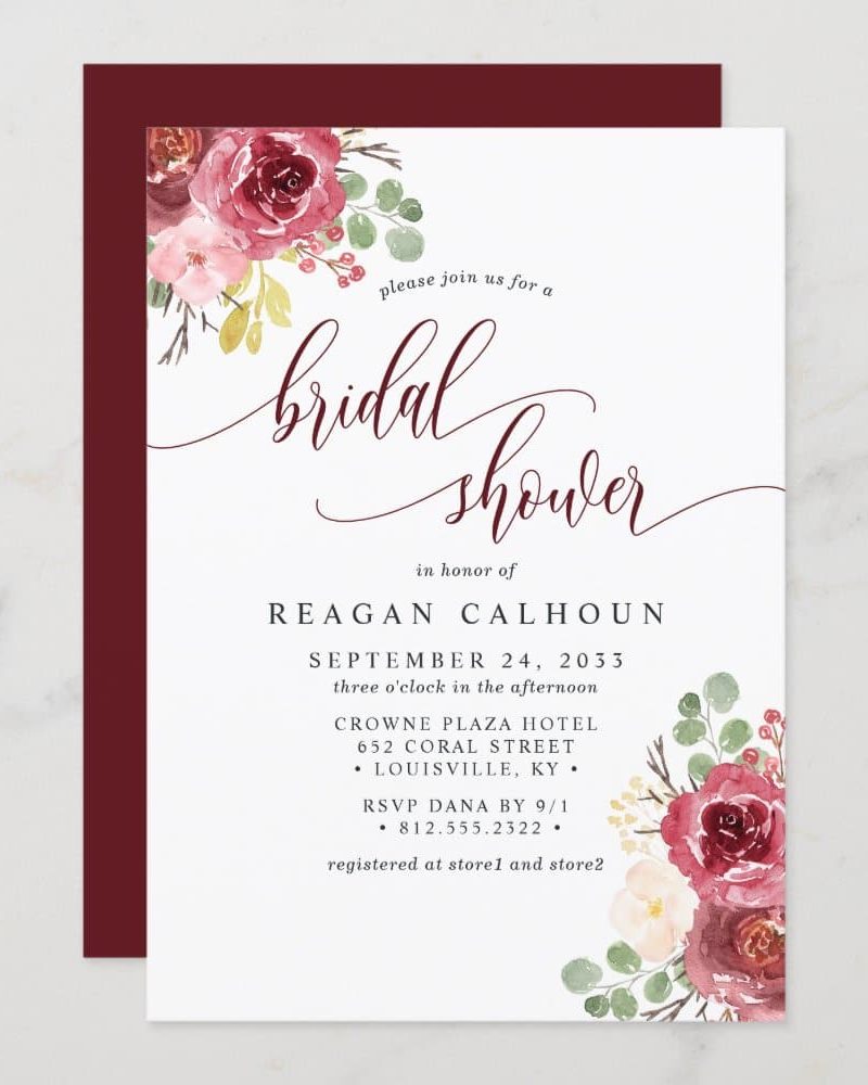 Bridal shower invitation with burgundy and blush floral corner design.