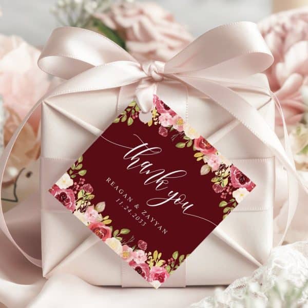 Burgundy Wedding Thank You Gift Tag With Pink And Red Floral Border.