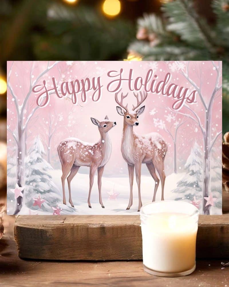 Happy Holidays greeting card featuring two deer in a snowy pink forest.