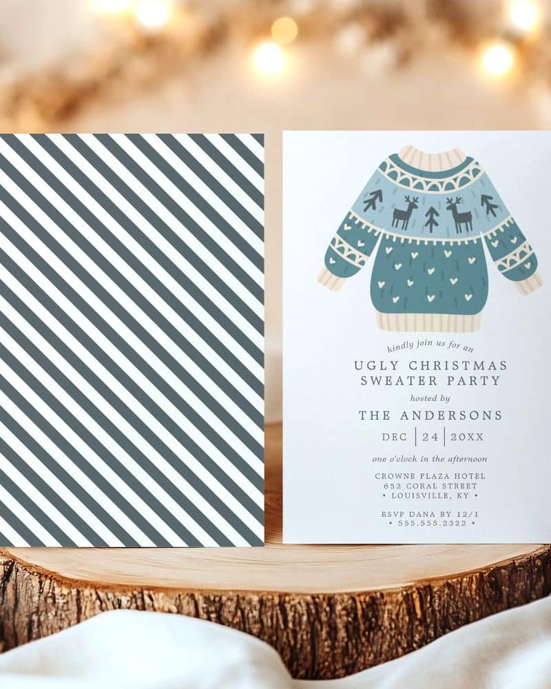 Christmas sweater party invitation with teal sweater illustration.
