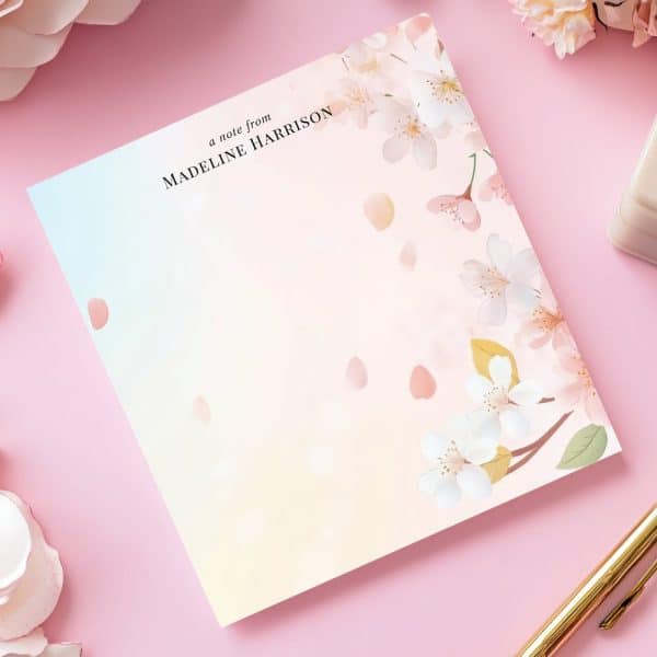 Personalized Notepad Featuring A Pastel Floral Design With Cherry Blossoms And Falling Petals.