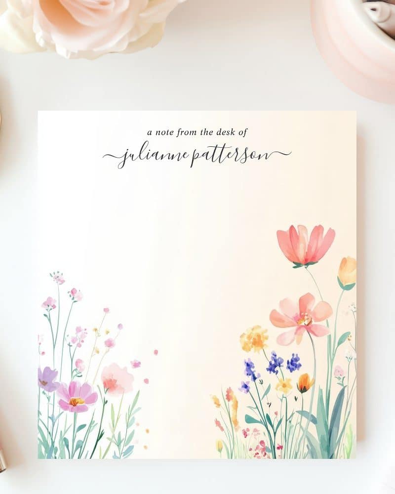 Floral notepad with Julianne Patterson's name.