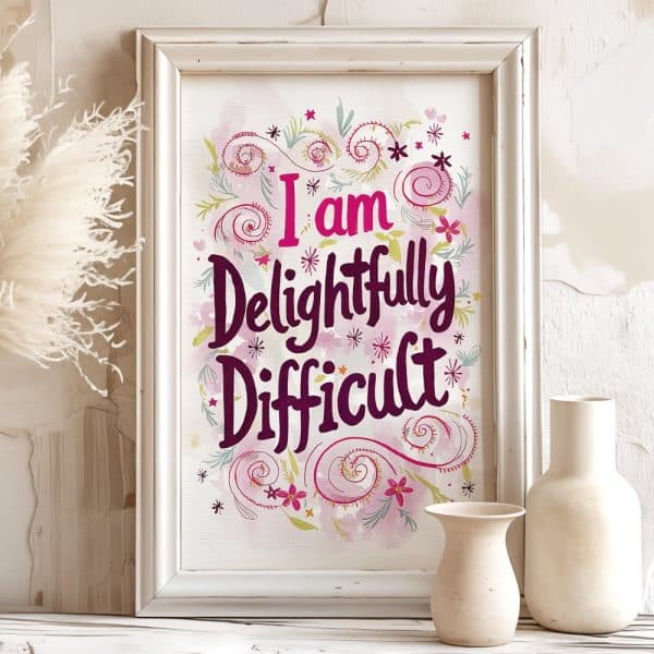 White Framed Print With A Pink Watercolor Background Featuring The Text I Am Delightfully Difficult In Stylized Lettering.