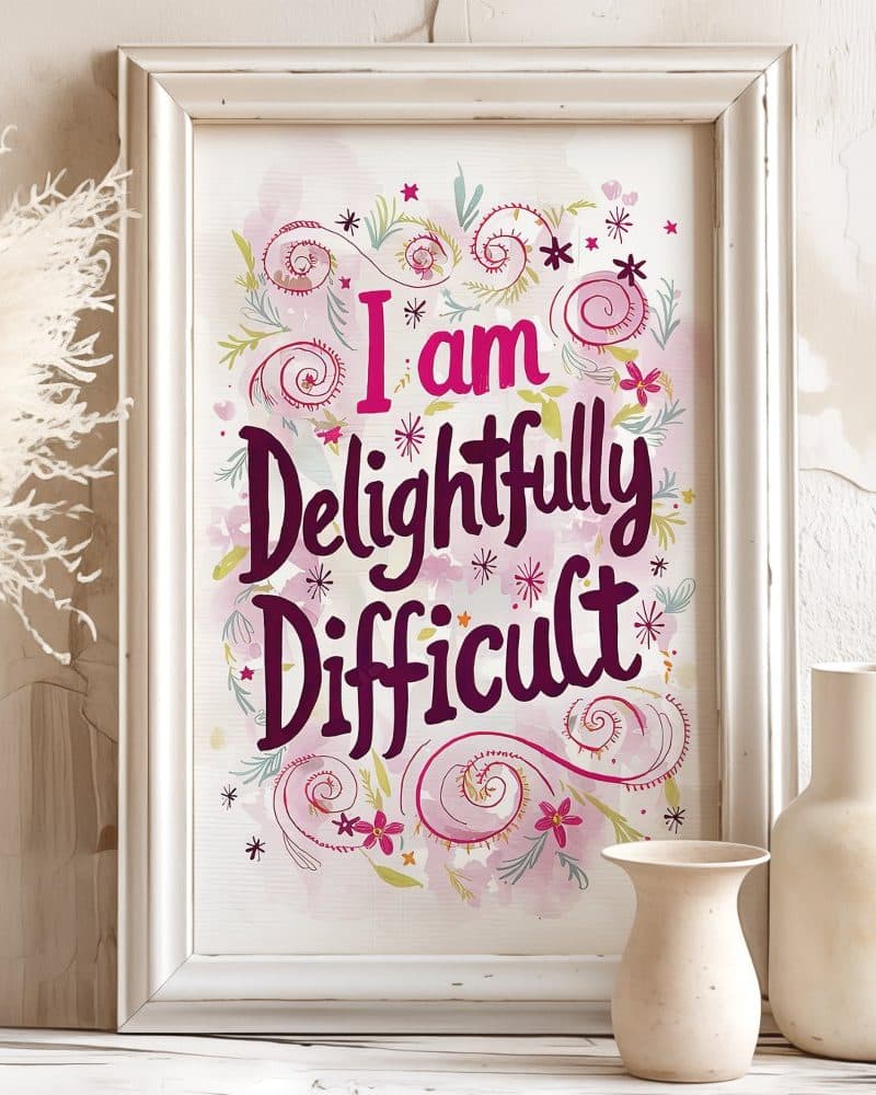 White framed print with a pink watercolor background featuring the text I am Delightfully Difficult in stylized lettering.