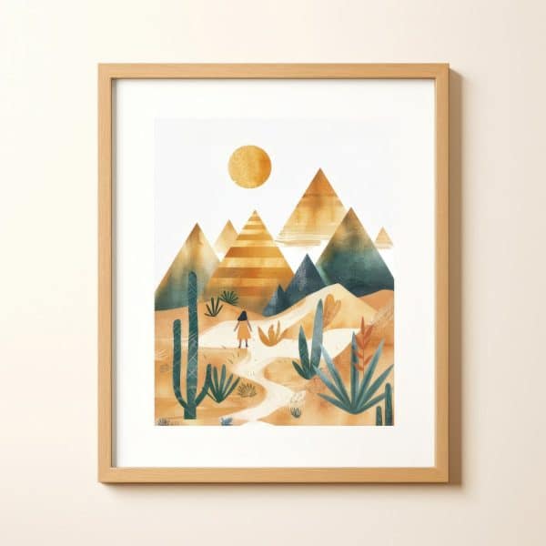 A Framed Illustration Of A Girl Walking A Path Through A Desert Landscape With Gold Pyramids And Cacti Under A Bright Sun.