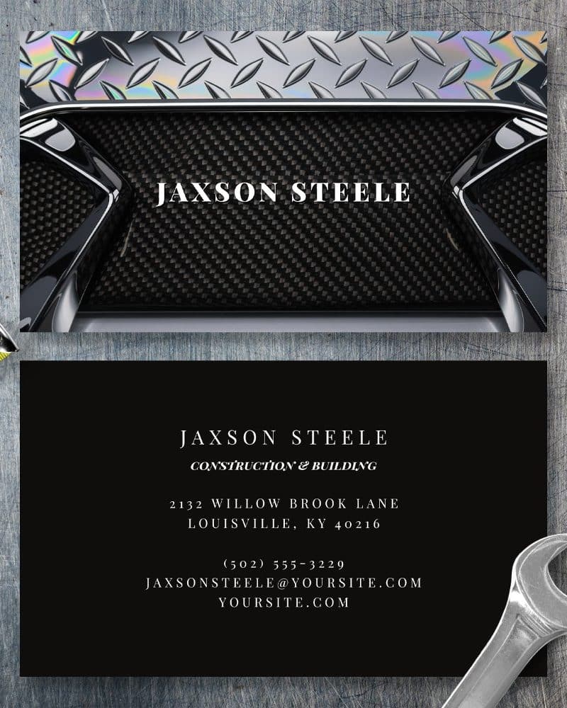 Jaxson Steele construction and building business card featuring a metallic and carbon fiber design.