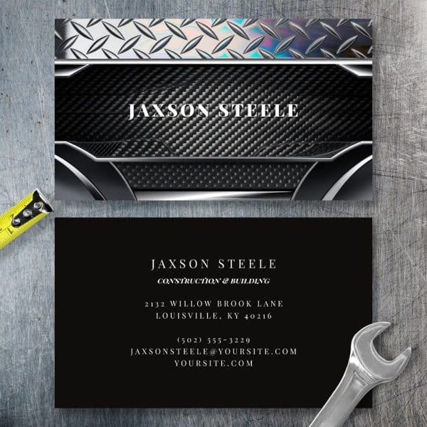 Business Card For Jaxson Steele Construction &Amp; Building, Featuring A Metallic And Carbon Fiber Design.
