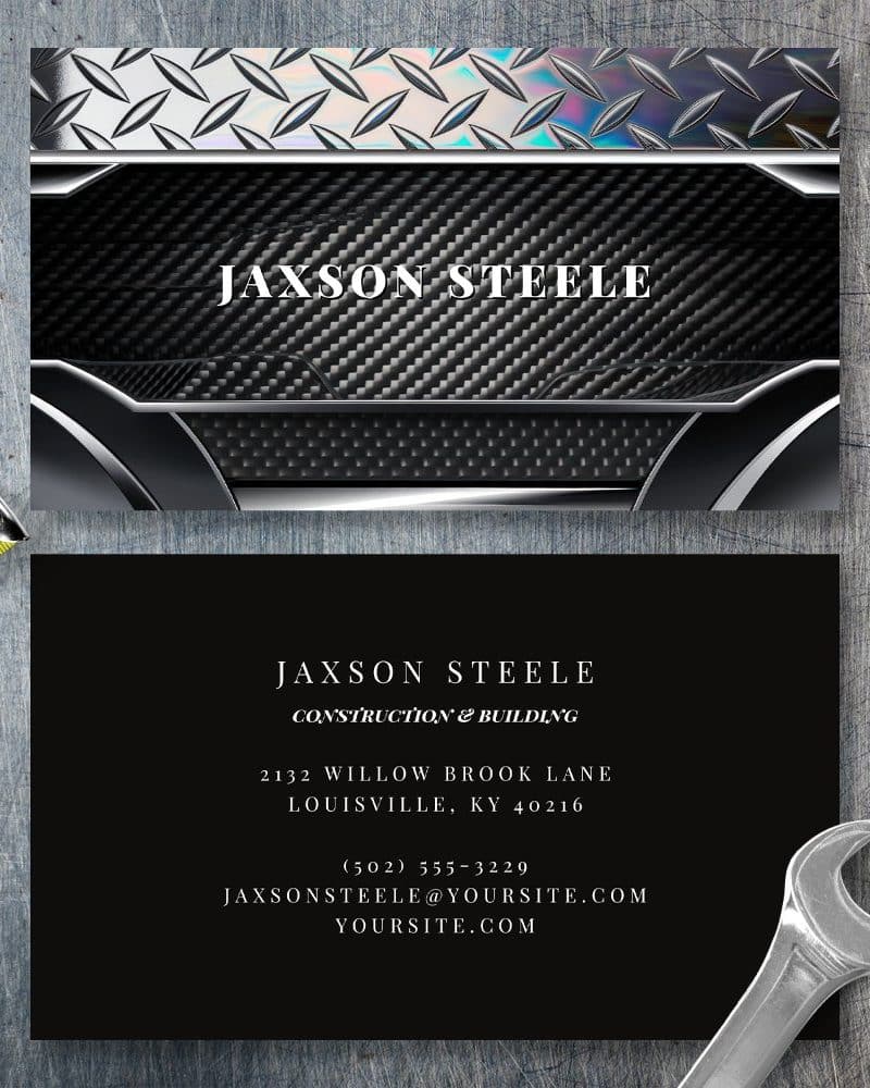 Business card for Jaxson Steele Construction & Building, featuring a metallic and carbon fiber design.