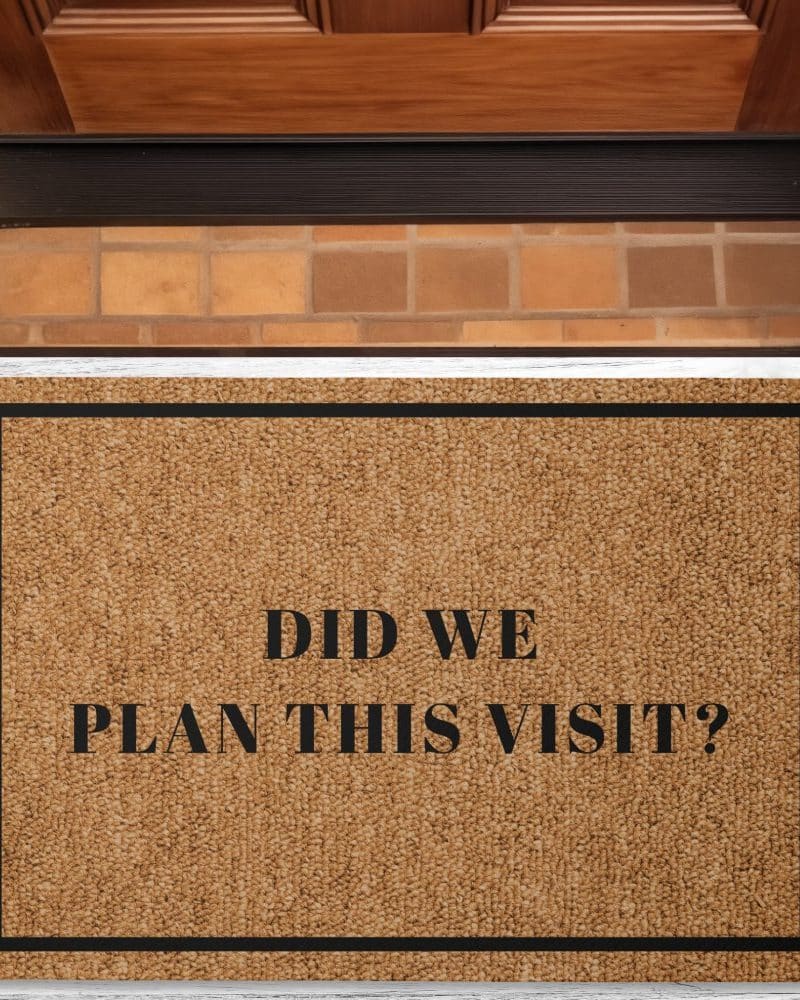 Tan doormat with black border and text reading Did We Plan This Visit?