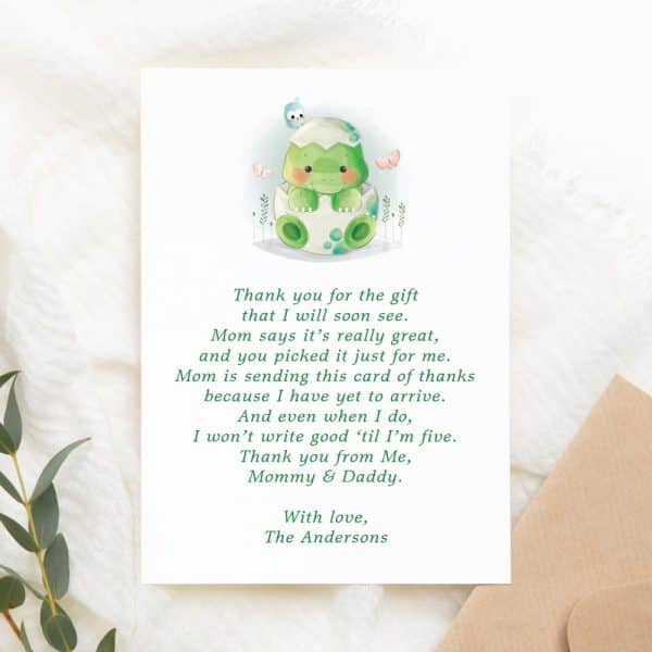 Baby Thank You Card Featuring A Cute Cartoon Dinosaur Hatching From An Egg.
