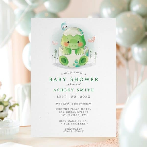 Baby Shower Invitation Featuring A Watercolor Illustration Of A Turtle Hatching From An Egg.