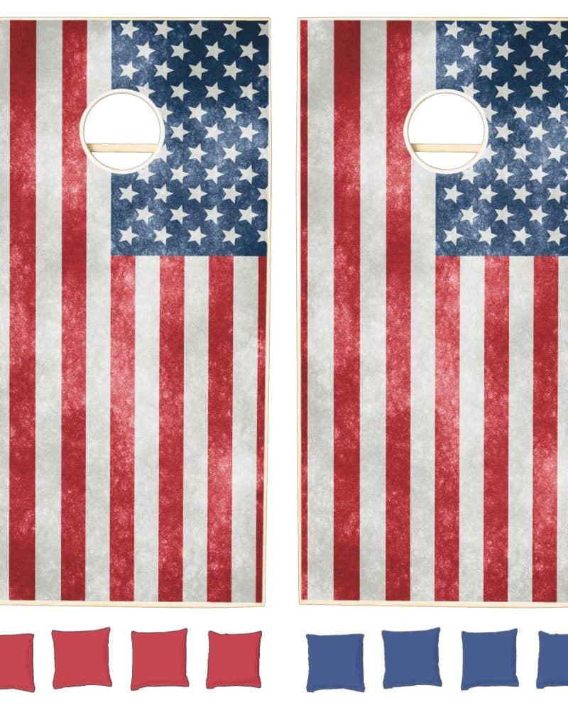 Two American flag cornhole boards with matching bean bags.