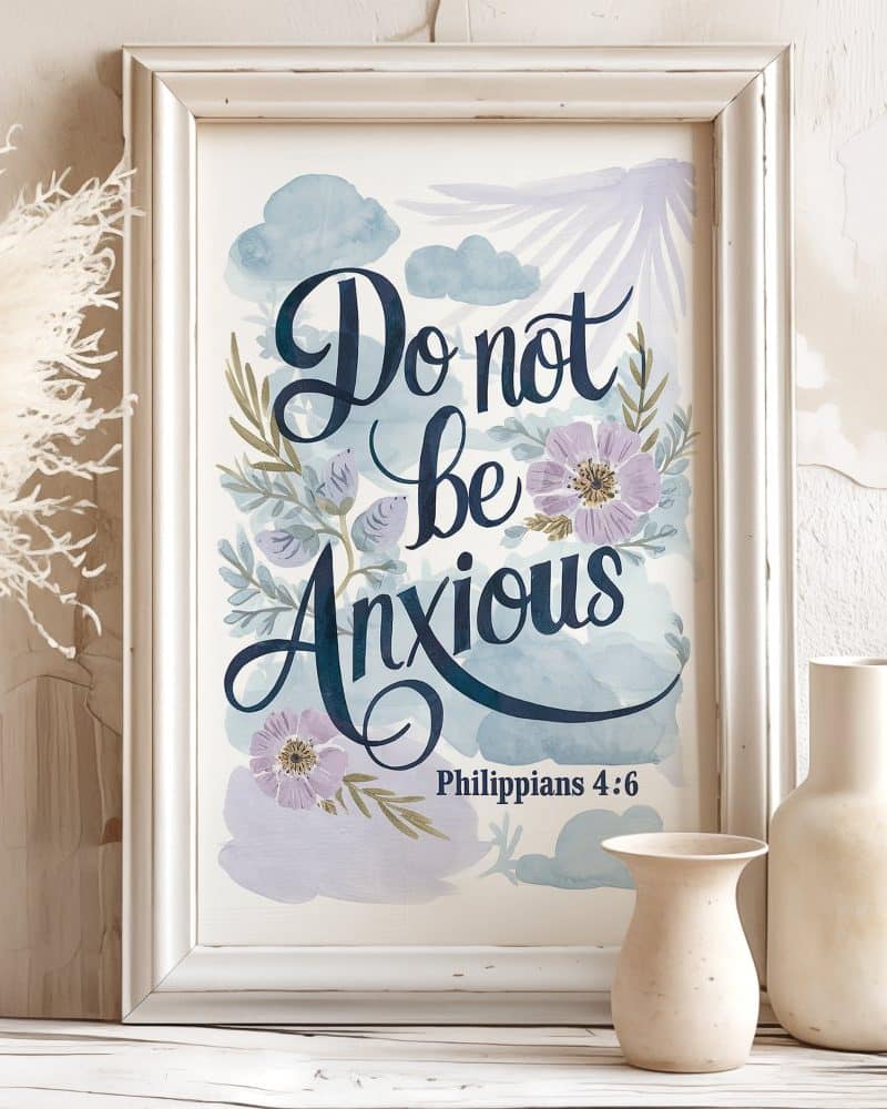 Framed watercolor print with the phrase Do not be anxious and Philippians 4:6.