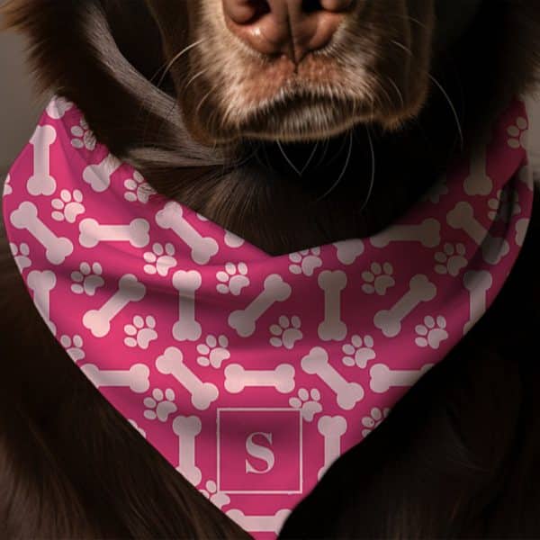 Brown Dog Wearing A Pink Bandana With A Bone And Paw Print Pattern And A Monogrammed S.
