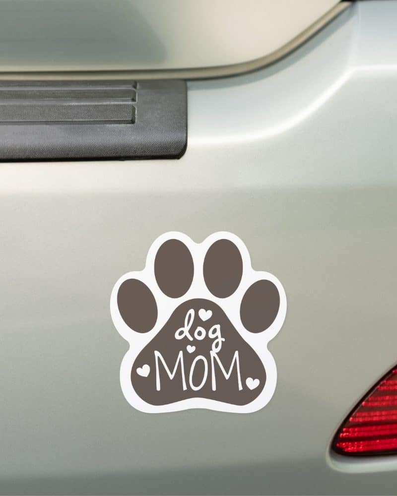 A brown paw print magnet on a car bumper that says Dog Mom.