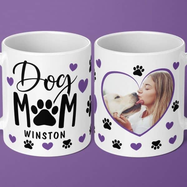 White Coffee Mug With Dog Mom Text, Paw Prints, Hearts, And A Photo Of A Woman Kissing Her Dog.