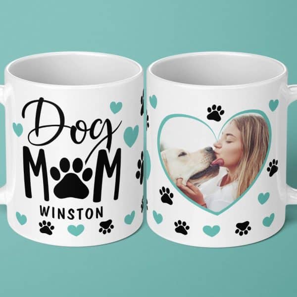 White Coffee Mug With Dog Mom Design, Paw Prints, Hearts, And A Photo Of A Woman Kissing Her Dog. The Dog'S Name, Winston, Is Also Included.