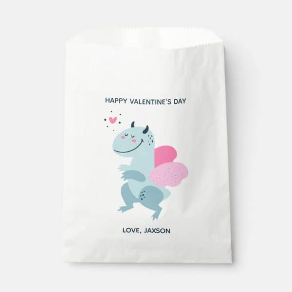 White Valentine'S Day Gift Bag Featuring A Cute, Light-Blue Dragon With Pink Wings.
