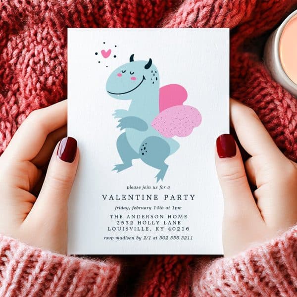 A Valentine'S Day Party Invitation Featuring A Cute, Light-Blue Dragon With Pink Wings.