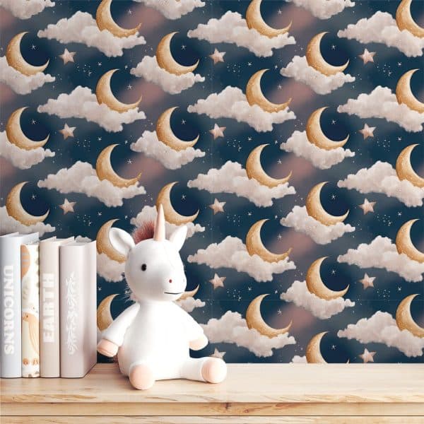 White Unicorn Plush Toy Sits In Front Of A Dark Blue Night Sky Wallpaper Featuring Gold Crescent Moons And Fluffy Clouds.