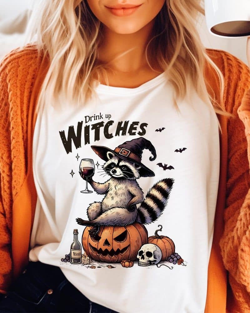 Drink Up Witches Vintage Raccoon Halloween T-Shirt