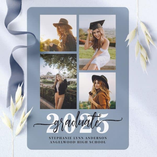 A Blue Graduation Announcement Featuring Four Photos Of Stephanie Lynn Anderson, A 2025 Angelwood High School Graduate.