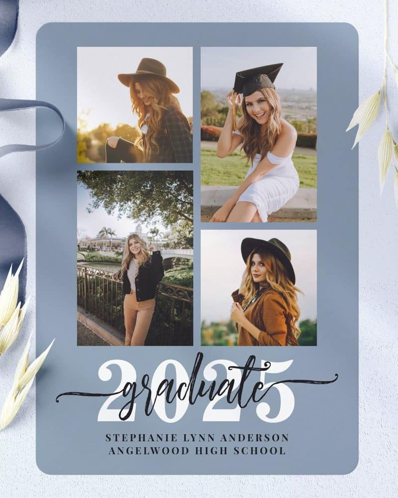 A blue graduation announcement featuring four photos of Stephanie Lynn Anderson, a 2025 Angelwood High School graduate.