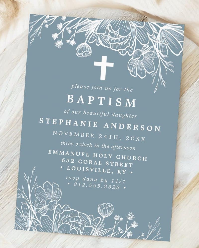 Baptism invitation for Stephanie Anderson, November 24th, at Emmanuel Holy Church in Louisville, KY. Floral design.