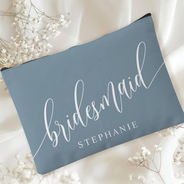 Dusty Blue Bridesmaid Modern Calligraphy Accessory Pouch