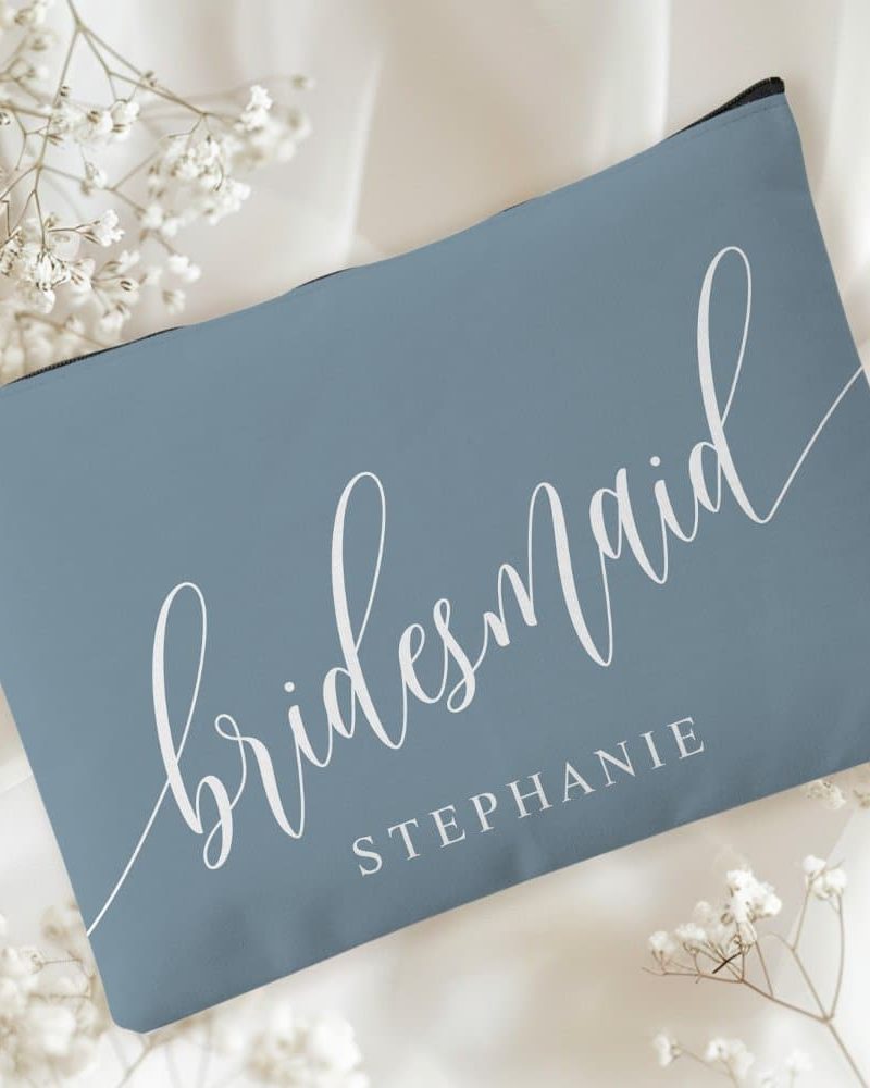 Dusty Blue Bridesmaid Modern Calligraphy Accessory Pouch