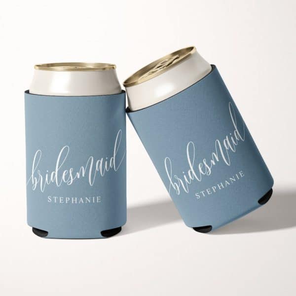 Two Blue Bridesmaid Can Coolers With The Name Stephanie Printed On Them.