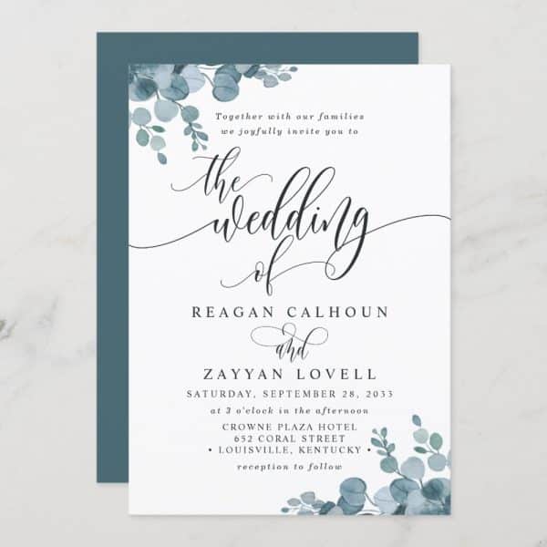 Wedding Invitation For Reagan Calhoun And Zayyan Lovell, Featuring Watercolor Eucalyptus Illustrations.