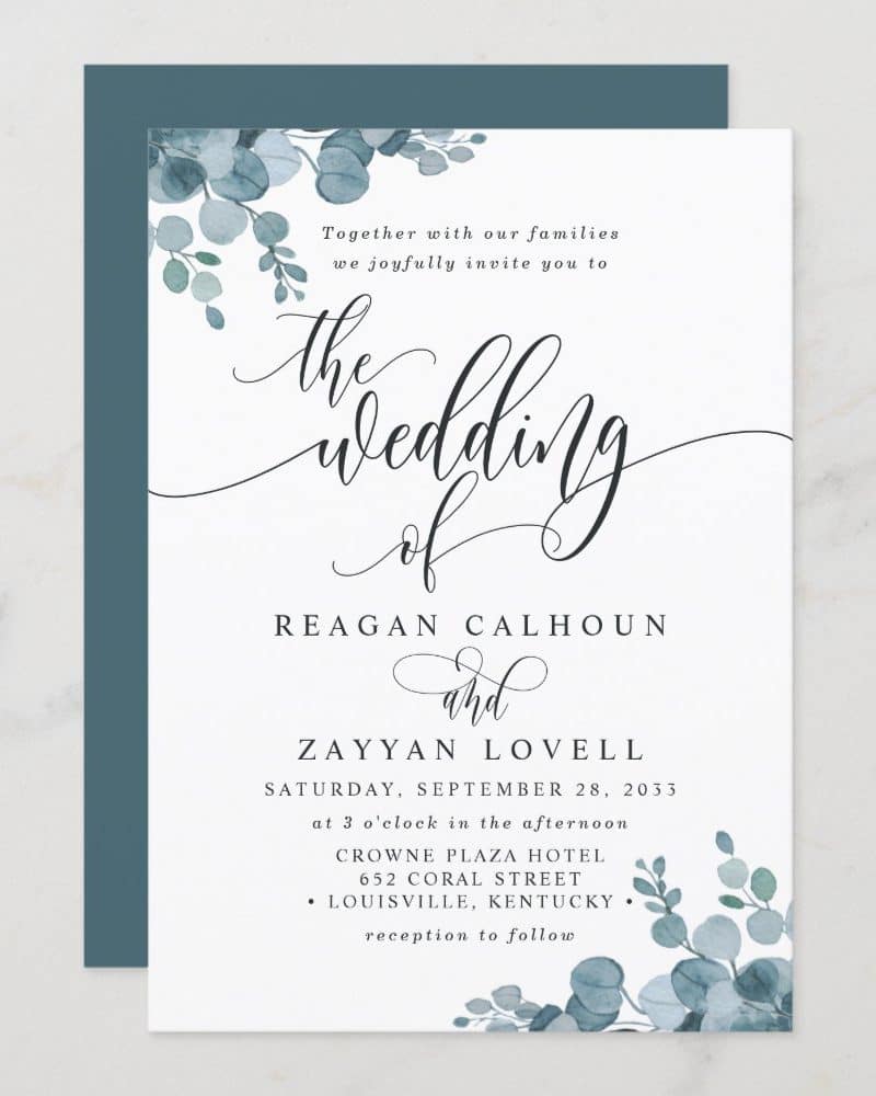 Wedding invitation for Reagan Calhoun and Zayyan Lovell, featuring watercolor eucalyptus illustrations.