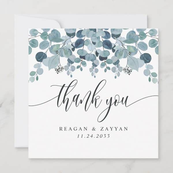 A Thank You Card With A Watercolor Eucalyptus Border And The Names Reagan &Amp; Zayyan And The Date 11.24.2033.