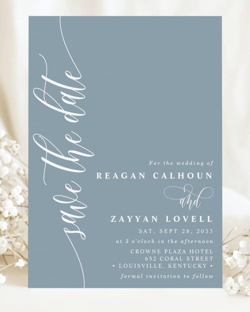 Save the date for the wedding of Reagan Calhoun and Zayyan Lovell, September 28, 2033, at the Crowne Plaza Hotel in Louisville, Kentucky.