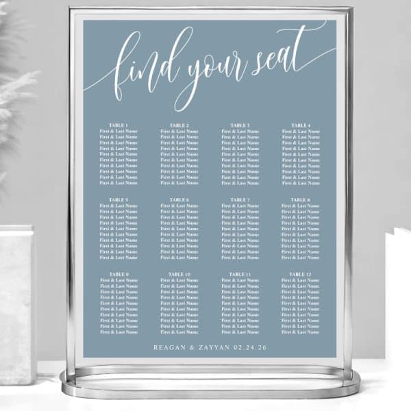 A Light Blue Wedding Seating Chart With The Names Of Guests Assigned To Tables.