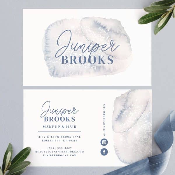 Juniper Brooks Makeup And Hair Business Card With Watercolor Design.