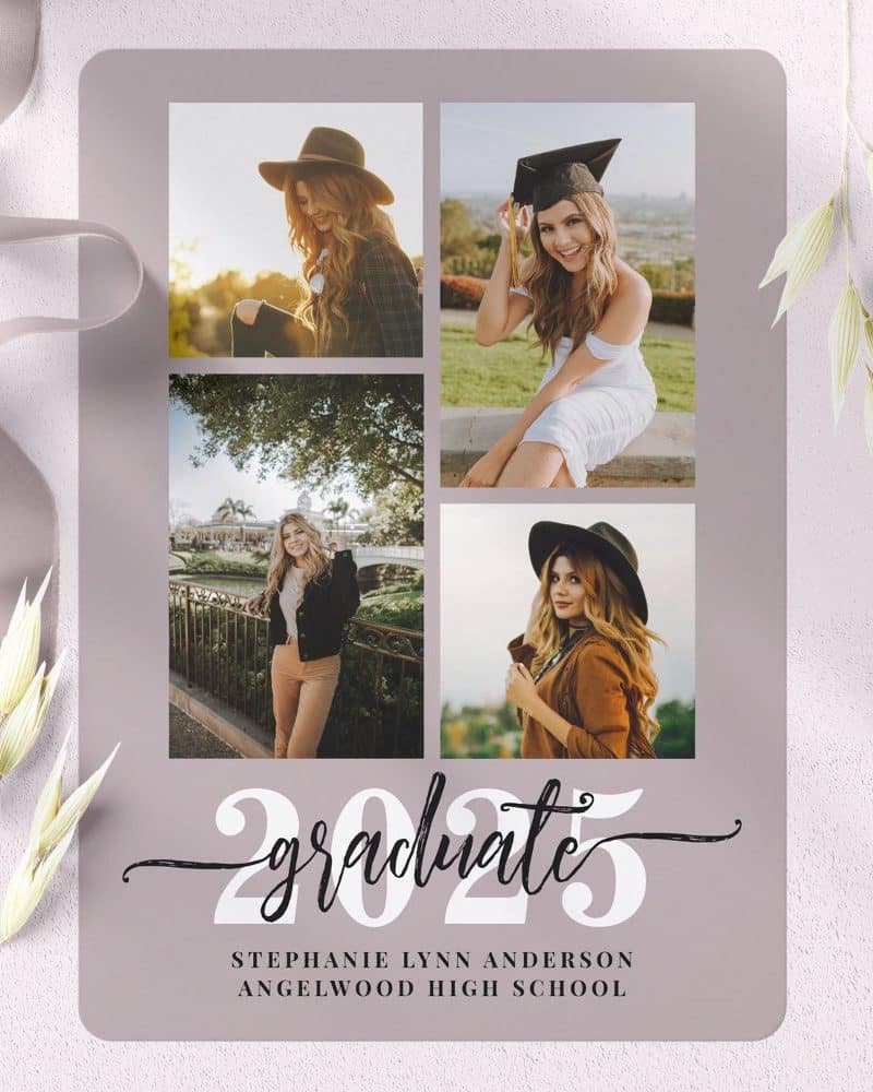 Graduation announcement featuring four photos of Stephanie Lynn Anderson, Angelwood High School graduate, class of 2025.