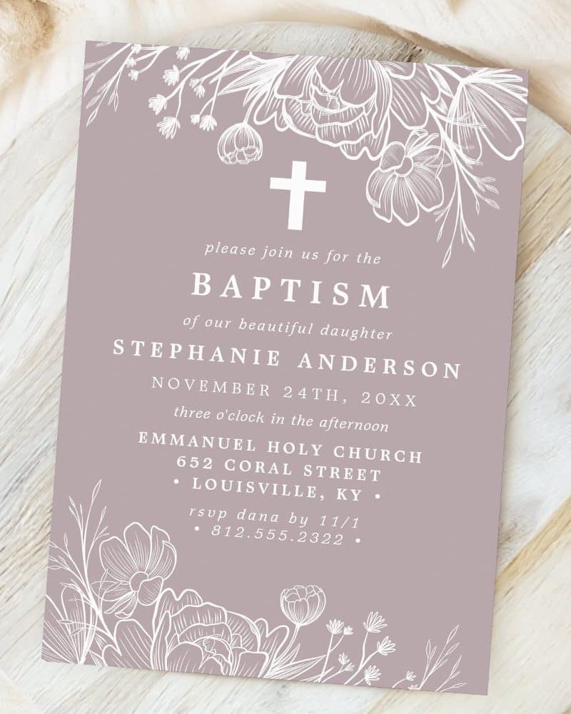 Baptism invitation for Stephanie Anderson, November 24th, at Emmanuel Holy Church in Louisville, Kentucky. Floral design.