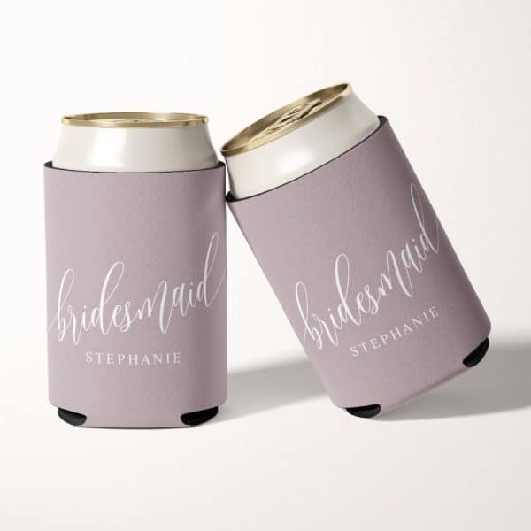 Two Dusty Rose Bridesmaid Can Coolers With The Name Stephanie.