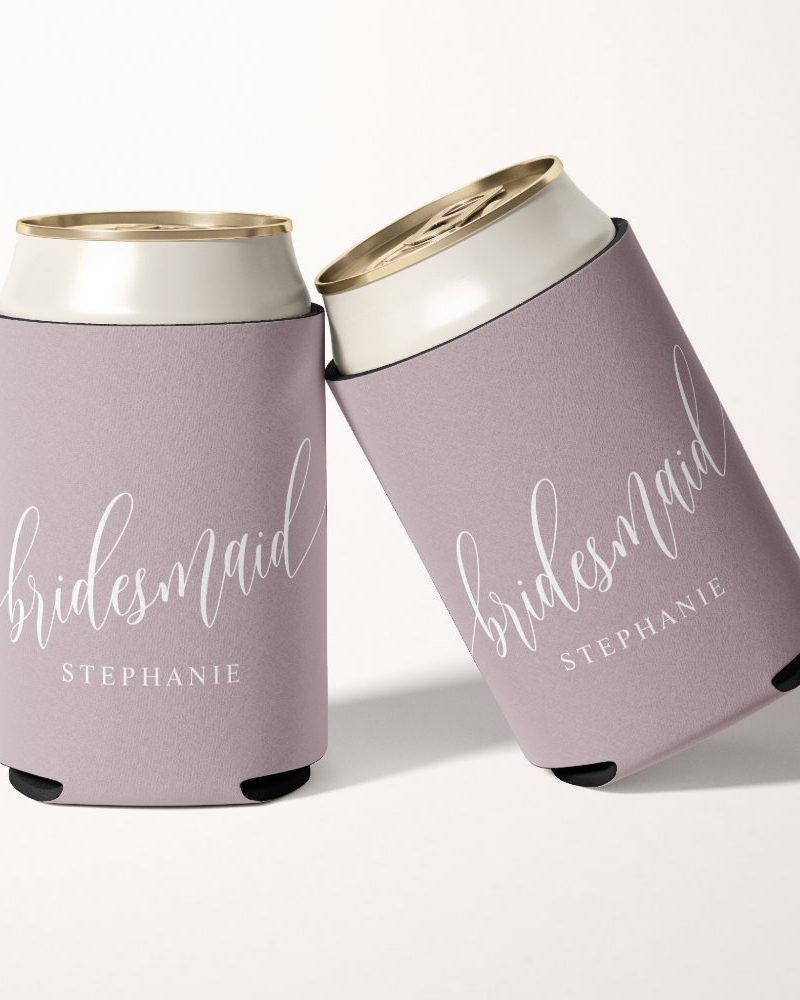 Two dusty rose bridesmaid can coolers with the name Stephanie.