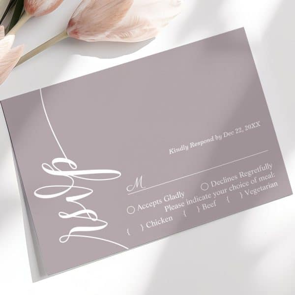 A Mauve Wedding Rsvp Card With Elegant White Script And Meal Options.